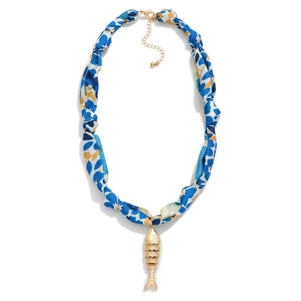 Floral Scarf Necklace With Metal Tone Fish Pendant 

- Approximately 14" L
- Extender 3" L
