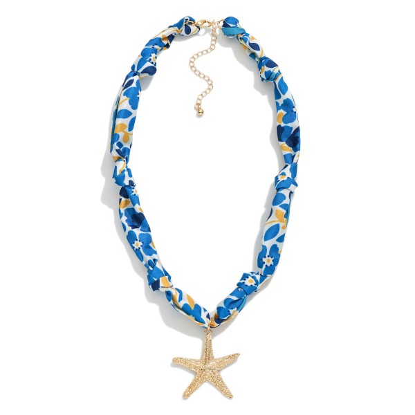 Floral Scarf Necklace With Metal Tone Starfish Pendant 

- Approximately 14" L
- Extender 3" L