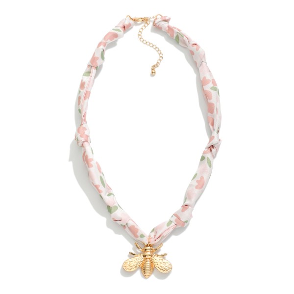 Floral Scarf Necklace With Metal Tone Bee Pendant 

- Approximately 14" L
- Extender 3" L