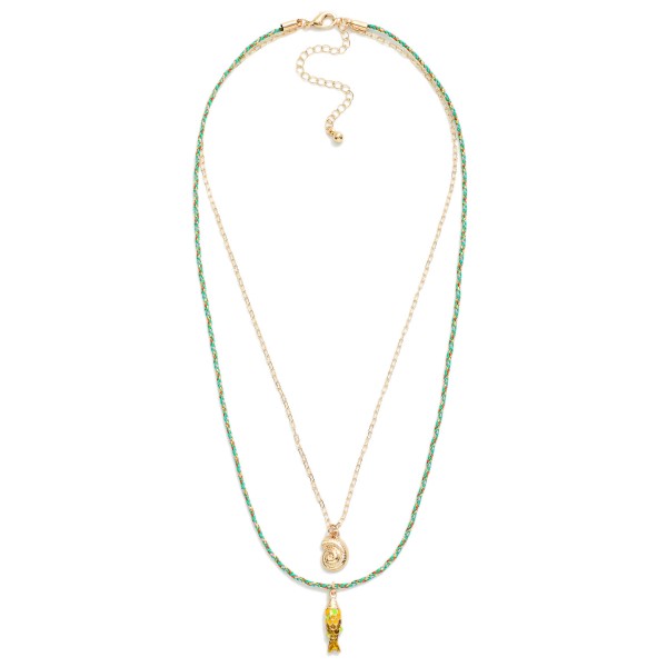 Layered Metal Tone Chain Link Necklace & Braided Yarn Tensile Necklace Featuring Shell And Fish Pendant 

- Approximately 18" L 
- Extender 3" L 