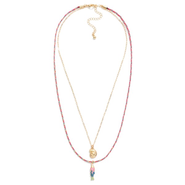 Layered Metal Tone Chain Link Necklace & Braided Yarn Tensile Necklace Featuring Shell And Fish Pendant 

- Approximately 18" L 
- Extender 3" L 