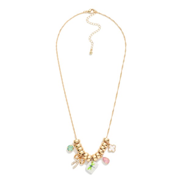 Twisted Chain Link Necklace With Gold Tone Disc Beads Featuring Multi Different Charms 

- Approximately 19" L 
- Extender 3" L  