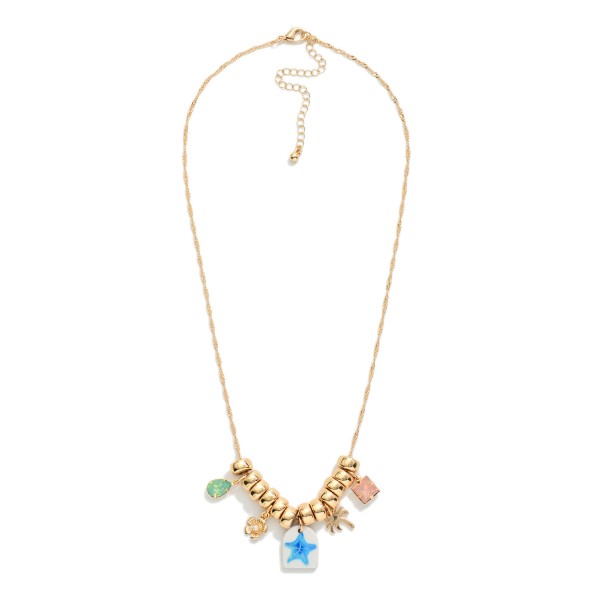 Twisted Chain Link Necklace With Gold Tone Disc Beads Featuring Multi Different Charms 

- Approximately 19" L 
- Extender 3" L  