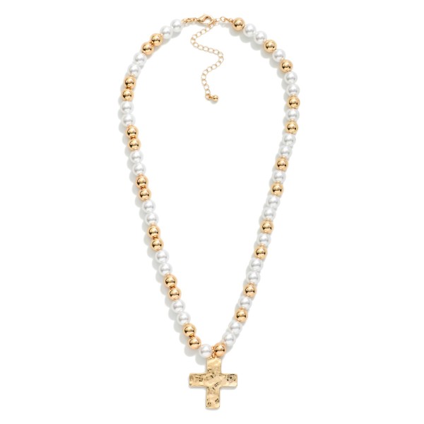 Pearl & Metal Tone Beaded Necklace Featuring Hammered Cross Pendant 

- Approximately 19" L 
- Extender 3" L 