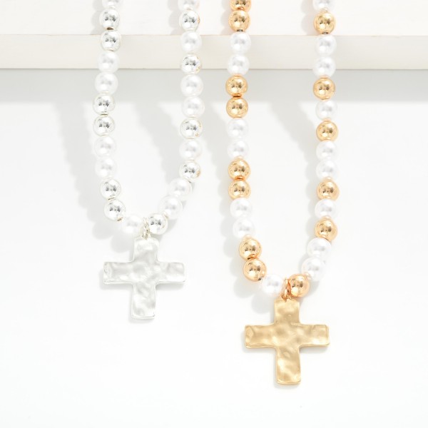 Pearl & Metal Tone Beaded Necklace Featuring Hammered Cross Pendant 

- Approximately 19" L 
- Extender 3" L 