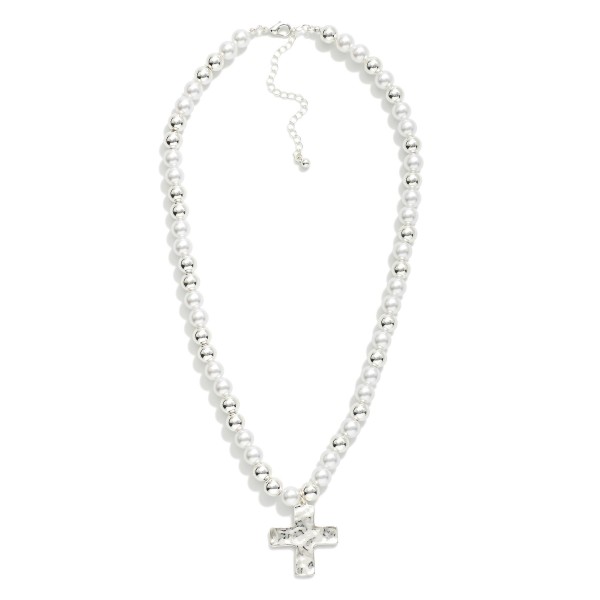 Pearl & Metal Tone Beaded Necklace Featuring Hammered Cross Pendant 

- Approximately 19" L 
- Extender 3" L 