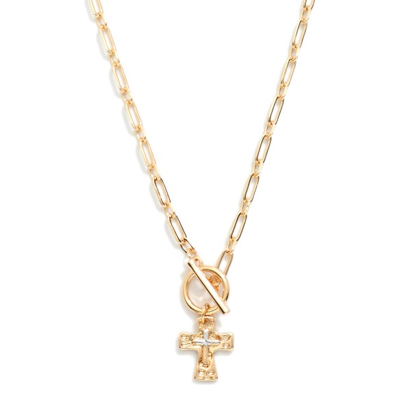 Paper Clip Chain Link Necklace Featuring Two Tone Cross Pendant With Toggle Clasp 

- Approximately 16.50" L 