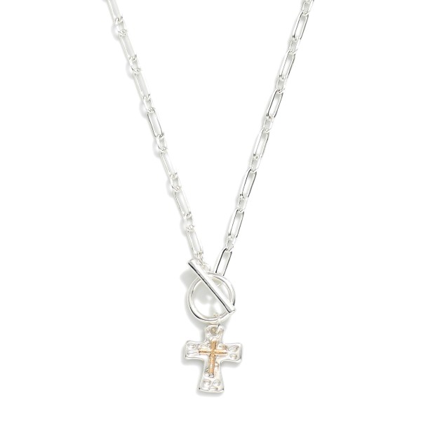 Paper Clip Chain Link Necklace Featuring Two Tone Cross Pendant With Toggle Clasp 

- Approximately 16.50" L 