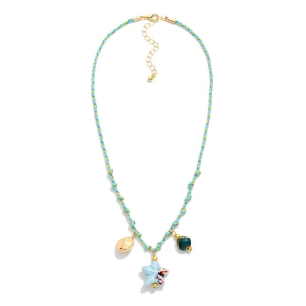 Braided Rope & Tinsel Charm Necklace Featuring Porcelain Shell & Starfish Charms 

- Approximately 16" L
- Extender 3" L