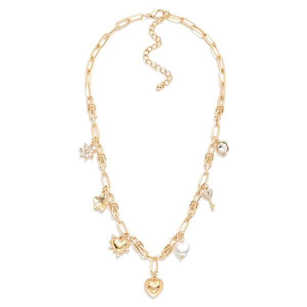 Metal Tone Paperclip Chain Link Necklace Featuring Metal Charms, Rhinstones, & Pearl 

- Approximately 16" L 
- Extender 3" L