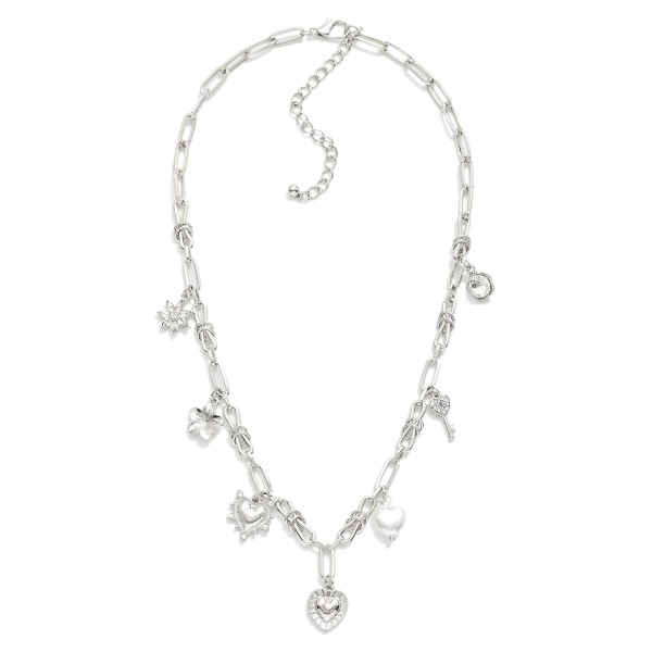 Metal Tone Paperclip Chain Link Necklace Featuring Metal Charms, Rhinstones, & Pearl 

- Approximately 16" L 
- Extender 3" L