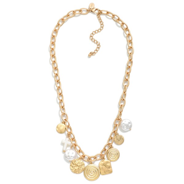 Chain Link Necklace Featuring Textured Metal Circles, Pearl, & Cross Charms 

- Approximately 16" L
- Extender 2" L