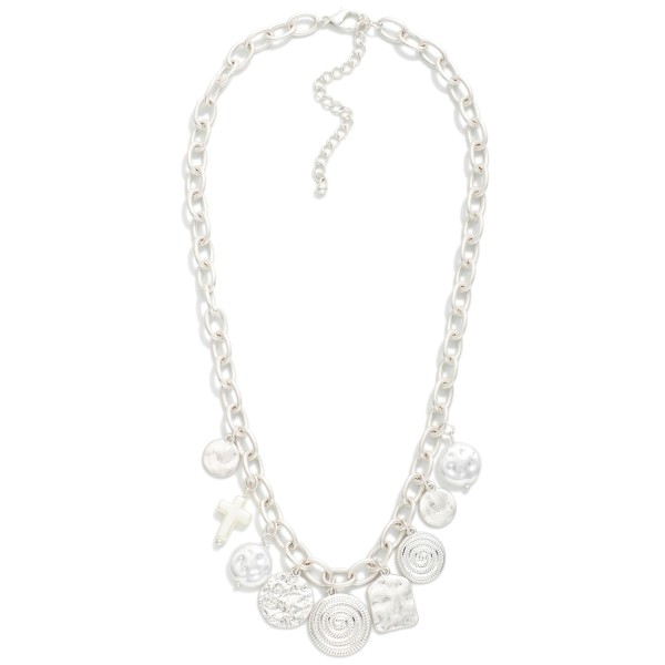 Chain Link Necklace Featuring Textured Metal Circles, Pearl, & Cross Charms 

- Approximately 16" L
- Extender 2" L