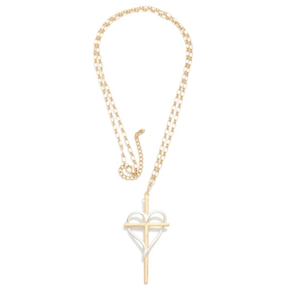 Long Chain Link Necklace Featuring Metal Tone Heart & Cross Pendant 

- Approximately 32" L
- Extender 3" L