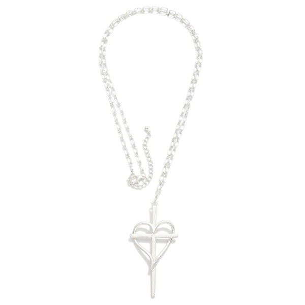 Long Chain Link Necklace Featuring Metal Tone Heart & Cross Pendant 

- Approximately 32" L
- Extender 3" L