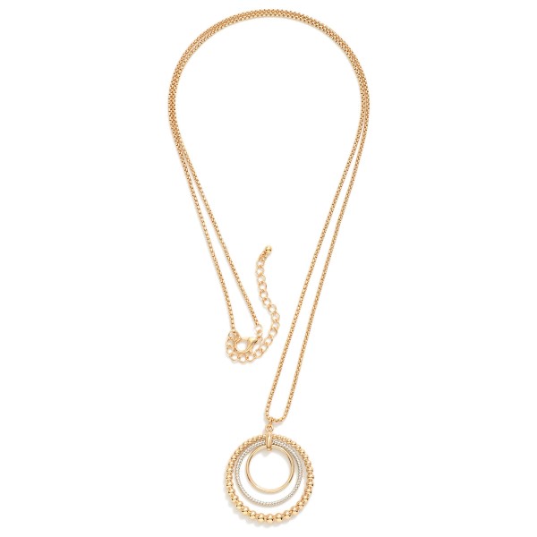 Long Box Chain Necklace Featuring Textured Metal Nesting Hoops Pendant 

- Approximately 32" L