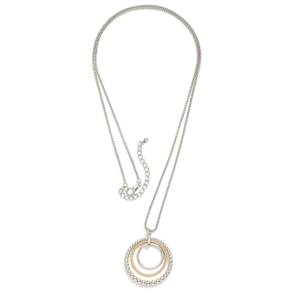 Long Box Chain Necklace Featuring Textured Metal Nesting Hoops Pendant 

- Approximately 32" L