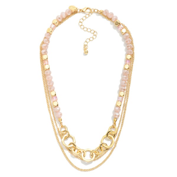 Layered Chain Link & Faceted Bead Necklace Featuring Linked Metal Tone Hexagons

- Approximately 16" L
- Extender 3" L