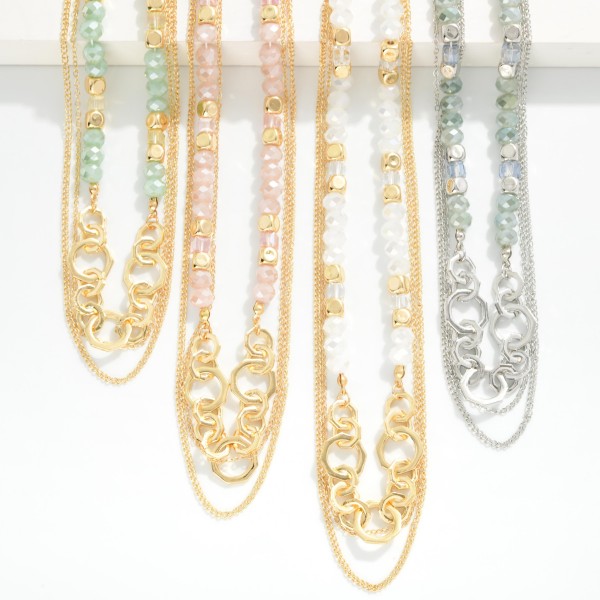Layered Chain Link & Faceted Bead Necklace Featuring Linked Metal Tone Hexagons

- Approximately 16" L
- Extender 3" L