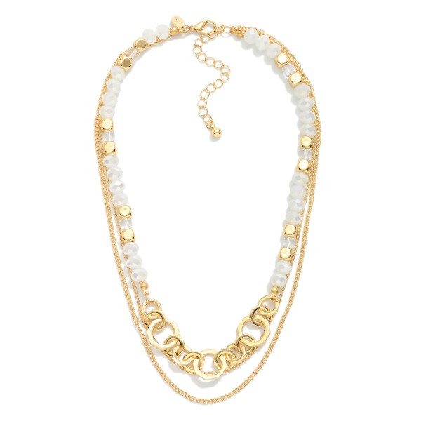 Layered Chain Link & Faceted Bead Necklace Featuring Linked Metal Tone Hexagons

- Approximately 16" L
- Extender 3" L