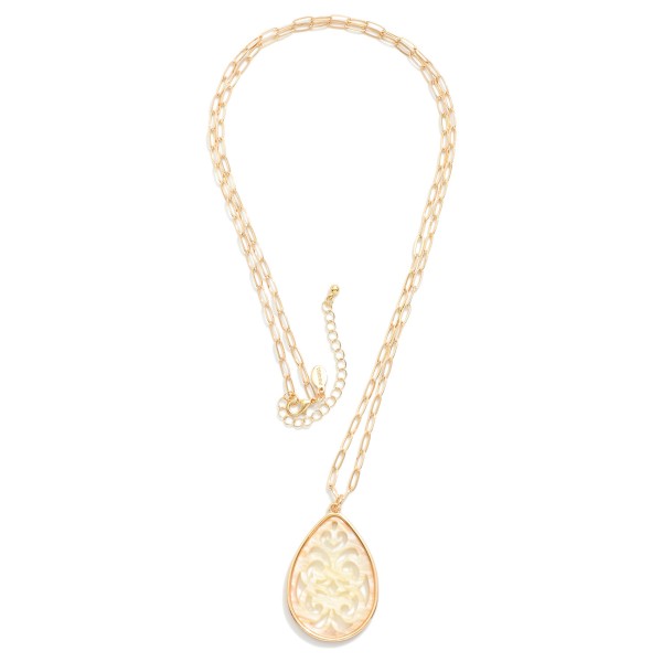 Metal Tone Paper Clip Chain Link Necklace Featuring Marble Acetate Filigree Design 

- Approximately 36" L 
- Extender 3" L 