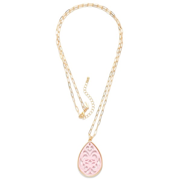 Metal Tone Paper Clip Chain Link Necklace Featuring Marble Acetate Filigree Design 

- Approximately 36" L 
- Extender 3" L 