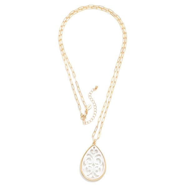 Metal Tone Paper Clip Chain Link Necklace Featuring Marble Acetate Filigree Design 

- Approximately 36" L 
- Extender 3" L 