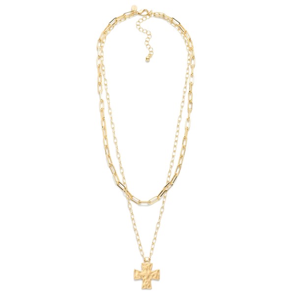 Layered Metal Tone Paperclip Chain Link Necklace Featuring Hammered Cross Pendent 

- Approximately 24" L 
- Extender 3" L 