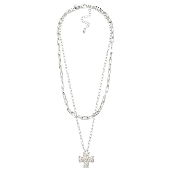 Layered Metal Tone Paperclip Chain Link Necklace Featuring Hammered Cross Pendent 

- Approximately 24" L 
- Extender 3" L 