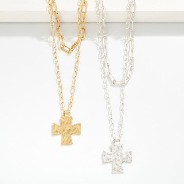 Layered Metal Tone Paperclip Chain Link Necklace Featuring Hammered Cross Pendent 

- Approximately 24" L 
- Extender 3" L 