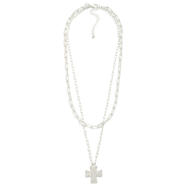 Layered Metal Tone Paperclip Chain Link Necklace Featuring Hammered Cross Pendent 

- Approximately 24" L 
- Extender 3" L 