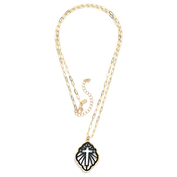 Metal Tone Paper Clip Chain Link Necklace Featuring Acetate Filigree Geometric Shape Cross Pendant 

- Approximately 33" L 
- Extender 3" L 