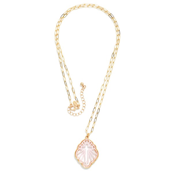 Metal Tone Paper Clip Chain Link Necklace Featuring Acetate Filigree Geometric Shape Cross Pendant 

- Approximately 33" L 
- Extender 3" L 