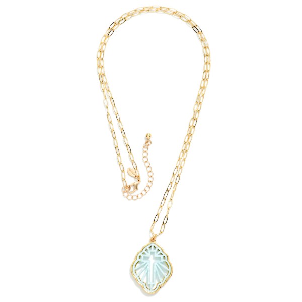 Metal Tone Paper Clip Chain Link Necklace Featuring Acetate Filigree Geometric Shape Cross Pendant 

- Approximately 33" L 
- Extender 3" L 