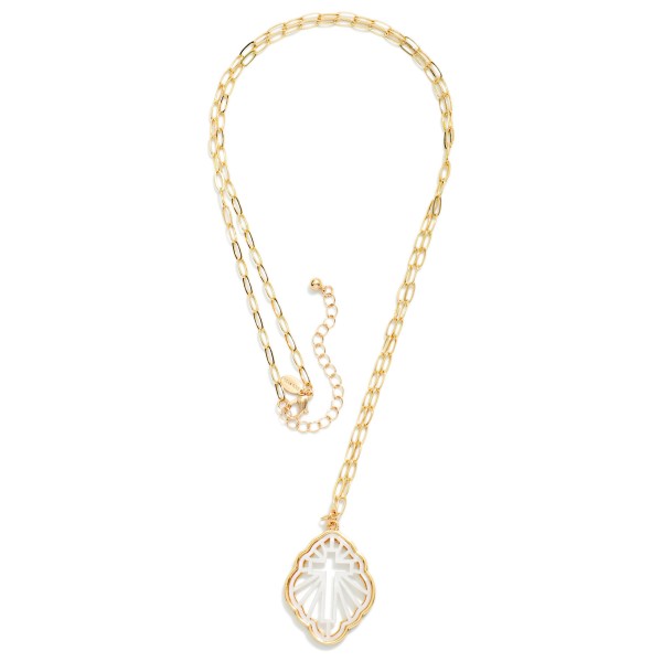 Metal Tone Paper Clip Chain Link Necklace Featuring Acetate Filigree Geometric Shape Cross Pendant 

- Approximately 33" L 
- Extender 3" L 