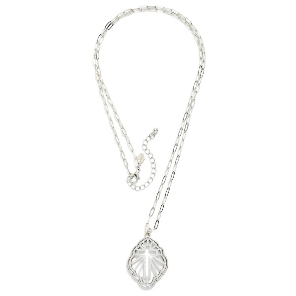 Metal Tone Paper Clip Chain Link Necklace Featuring Acetate Filigree Geometric Shape Cross Pendant 

- Approximately 33" L 
- Extender 3" L 