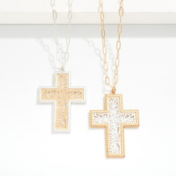 Long Paperclip Chain Necklace Featuring Metal Tone Filigree Cross Pendant 

- Approximately 32" L
- Extender 3" L