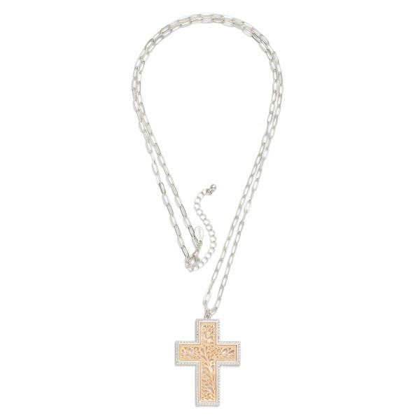 Long Paperclip Chain Necklace Featuring Metal Tone Filigree Cross Pendant 

- Approximately 32" L
- Extender 3" L