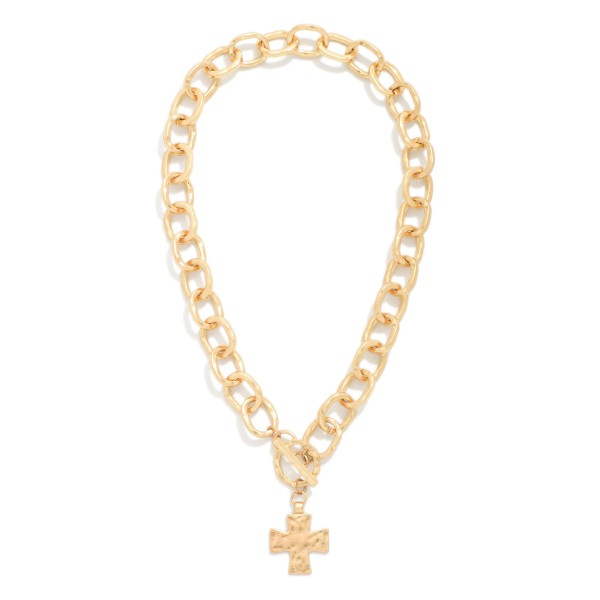 Hammered Metal Chain Link Necklace With Plus Cross Pedant & Toggle Clasp 

- Approximately  16" L
