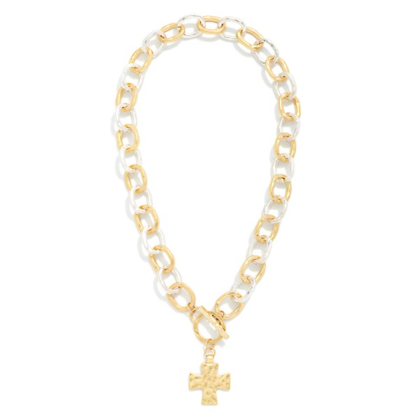 Hammered Metal Chain Link Necklace With Plus Cross Pedant & Toggle Clasp 

- Approximately  16" L