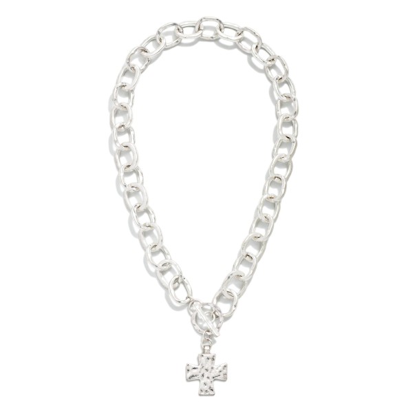 Chunky Chain Link Necklace Featuring Hammered Metal Plus Cross Pendant 

- Approximately 16" L