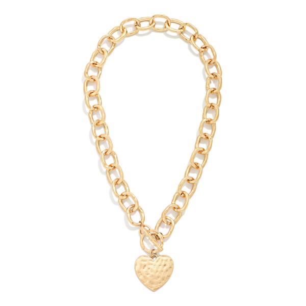 Hammered Metal Tone Chain Link Necklace Featuring Heart Pendant & Toggle Clasp 

- Approximately 16" L