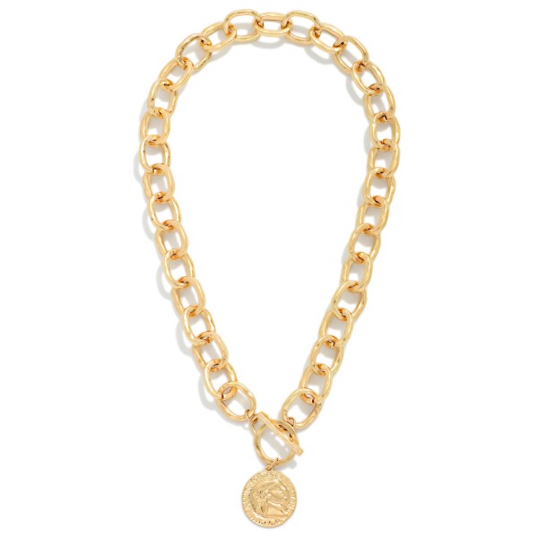 Hammered Metal Chain Link Necklace With Metal Tone Coin & Toggle Clasp

- Approximately 16" L