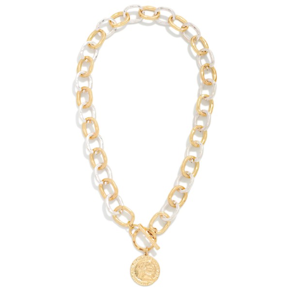 Hammered Metal Chain Link Necklace With Metal Tone Coin & Toggle Clasp

- Approximately 16" L