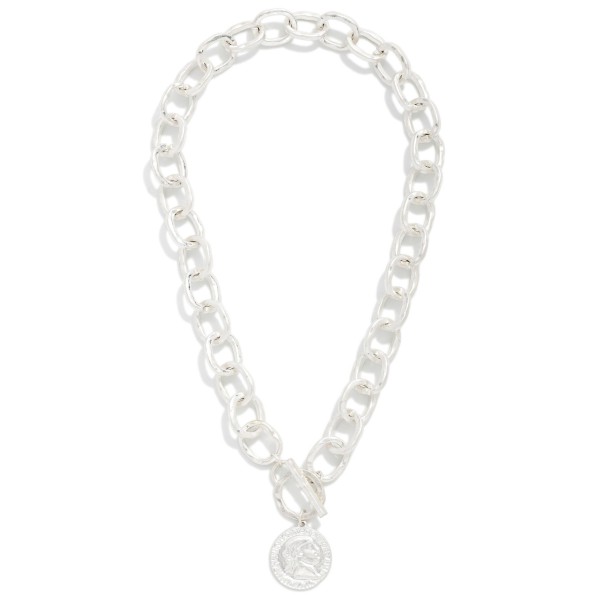 Hammered Metal Chain Link Necklace With Metal Tone Coin & Toggle Clasp

- Approximately 16" L