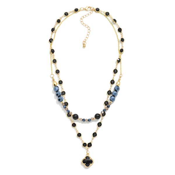 Layered Chain Link Necklace Featuring Faceted Beads, Stone, & Glass Crystal Clover Pendant 

- Approximately 16" L
- Extender 3" L