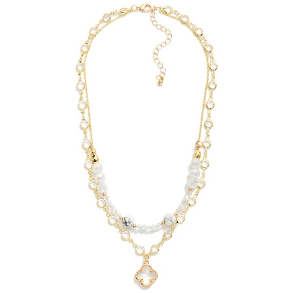 Layered Chain Link Necklace Featuring Faceted Beads, Stone, & Glass Crystal Clover Pendant 

- Approximately 16" L
- Extender 3" L