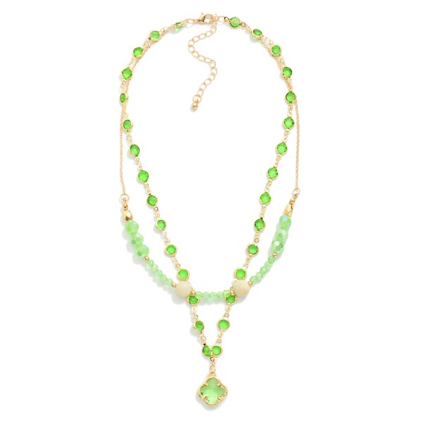 Layered Chain Link Necklace Featuring Faceted Beads, Stone, & Glass Crystal Clover Pendant 

- Approximately 16" L
- Extender 3" L