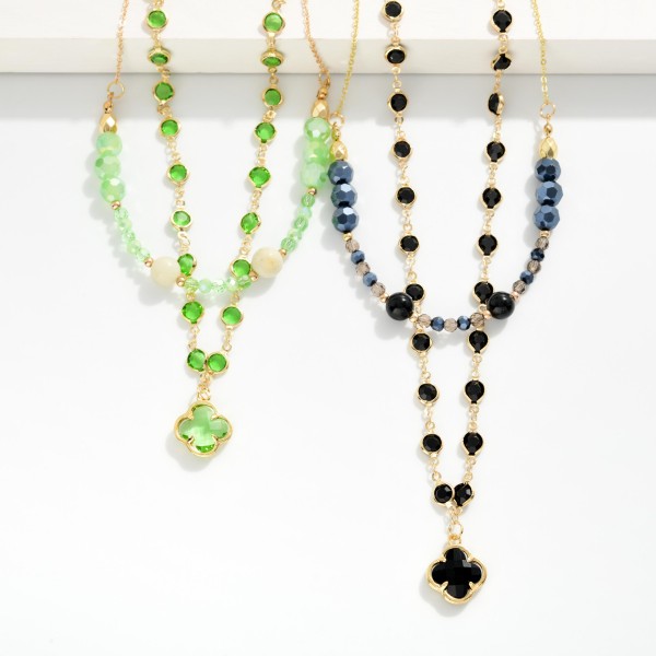 Layered Chain Link Necklace Featuring Faceted Beads, Stone, & Glass Crystal Clover Pendant 

- Approximately 16" L
- Extender 3" L