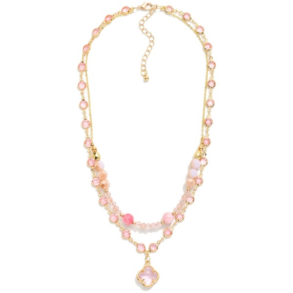 Layered Chain Link Necklace Featuring Faceted Beads, Stone, & Glass Crystal Clover Pendant 

- Approximately 16" L
- Extender 3" L